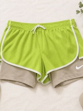 Nike Dri-FIT Girls XL 2-in-1 Running Shorts Neon Beige Compression Liner